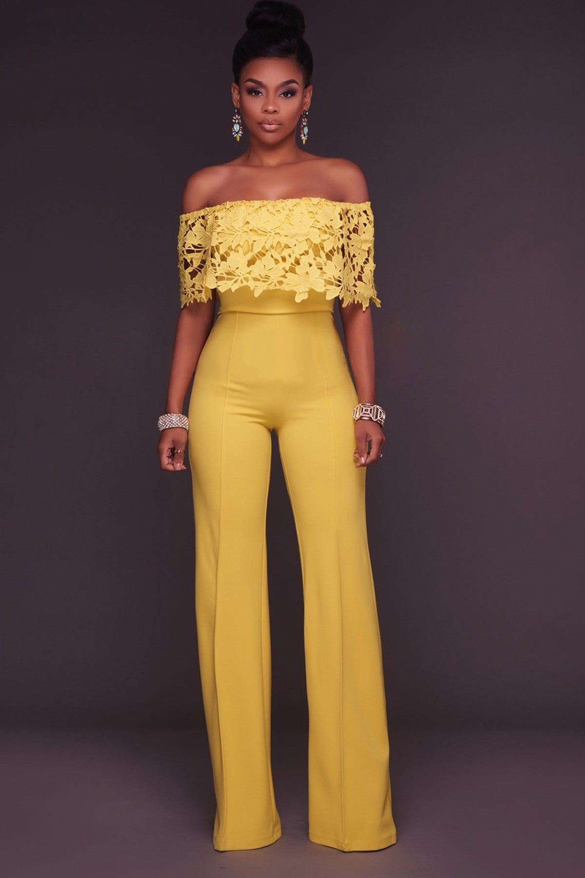 Off Shoulder Ruffles Sleeves Pure Color Long Jumpsuit