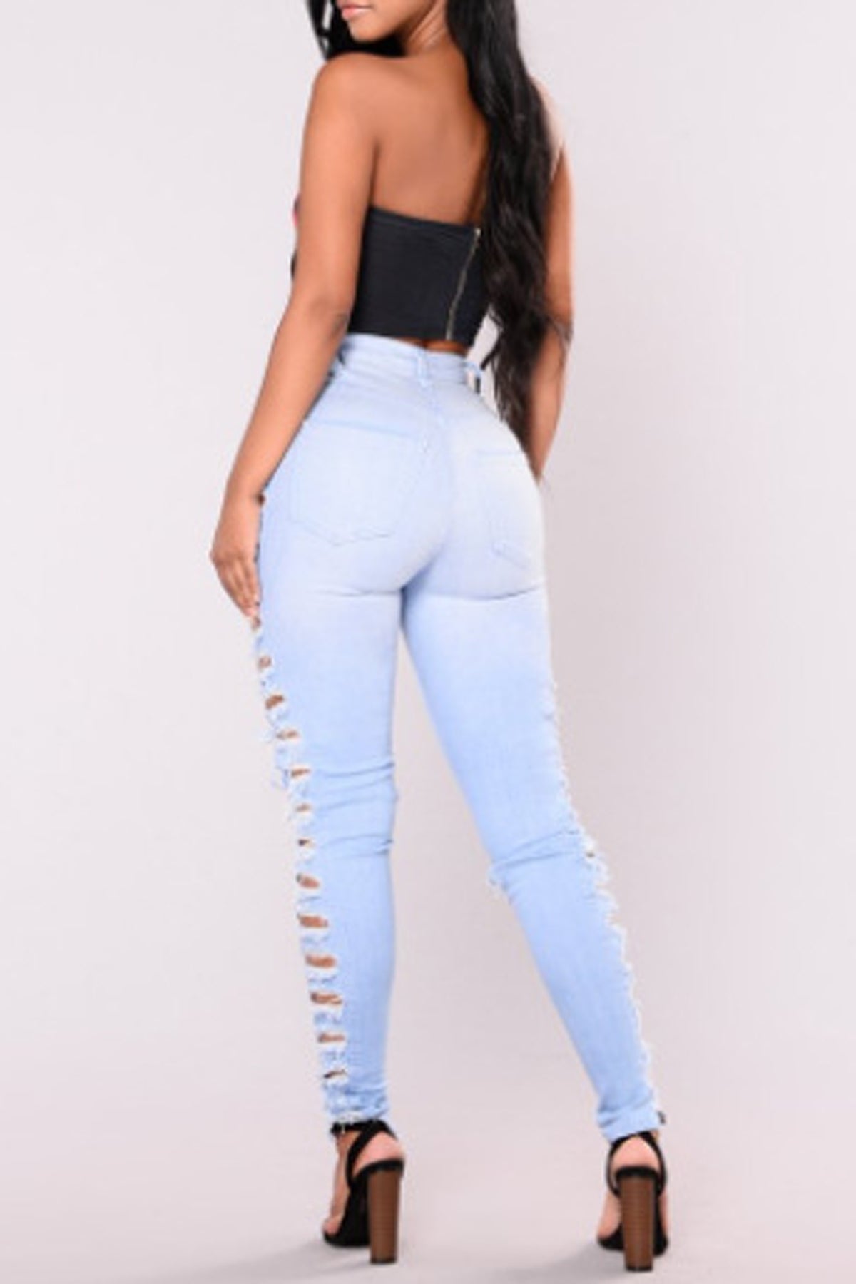 Solid Color High Waist Cut Out Holes Long Skinny Jeans