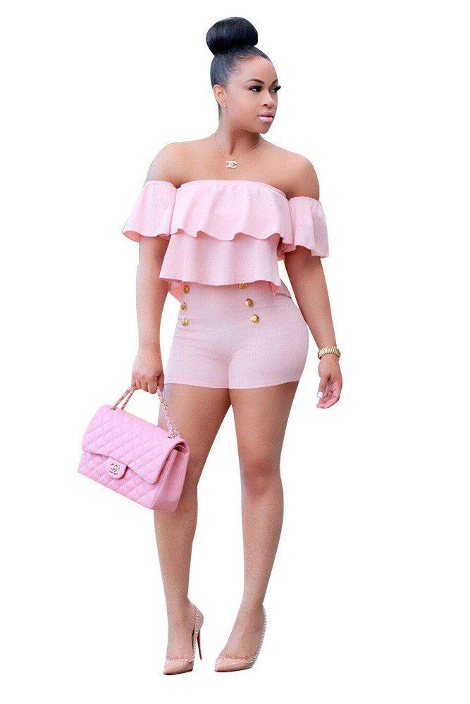 Pure Color Ruffles Strapless Short Sleeves Short Jumpsuit