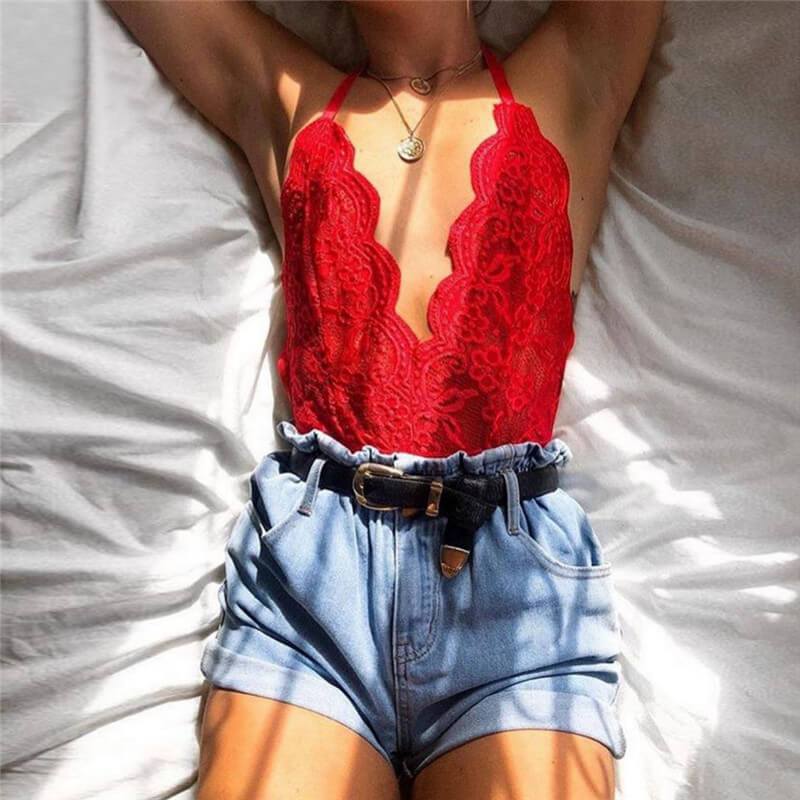 Sexy Lace halter V Neck Sheer Backless Bodysuit