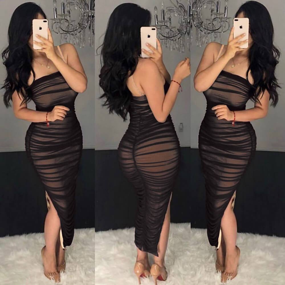See Through Slits Ruched Bodycon Ankle Lengh Dress