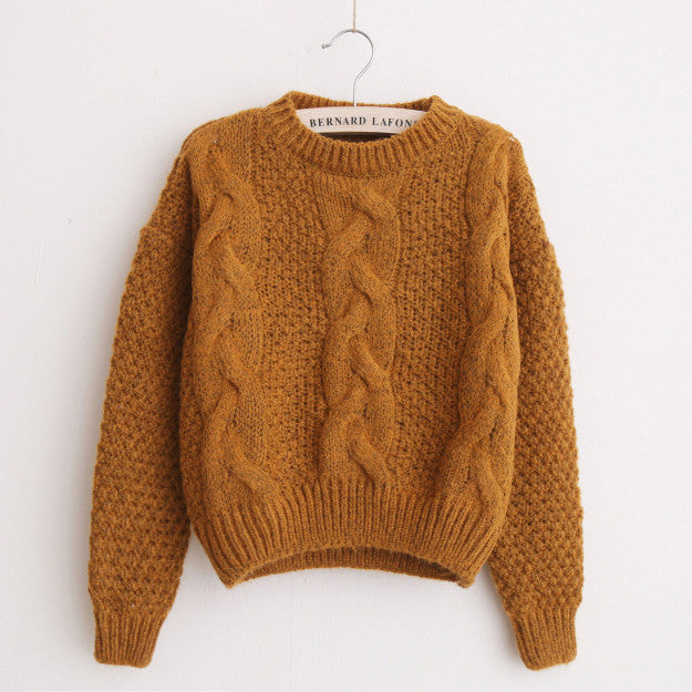 Scoop Pure Color Long Sleeves Cabel Sweater