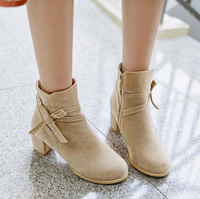 Bow Suede Low Chunky Heel Ankle Boots