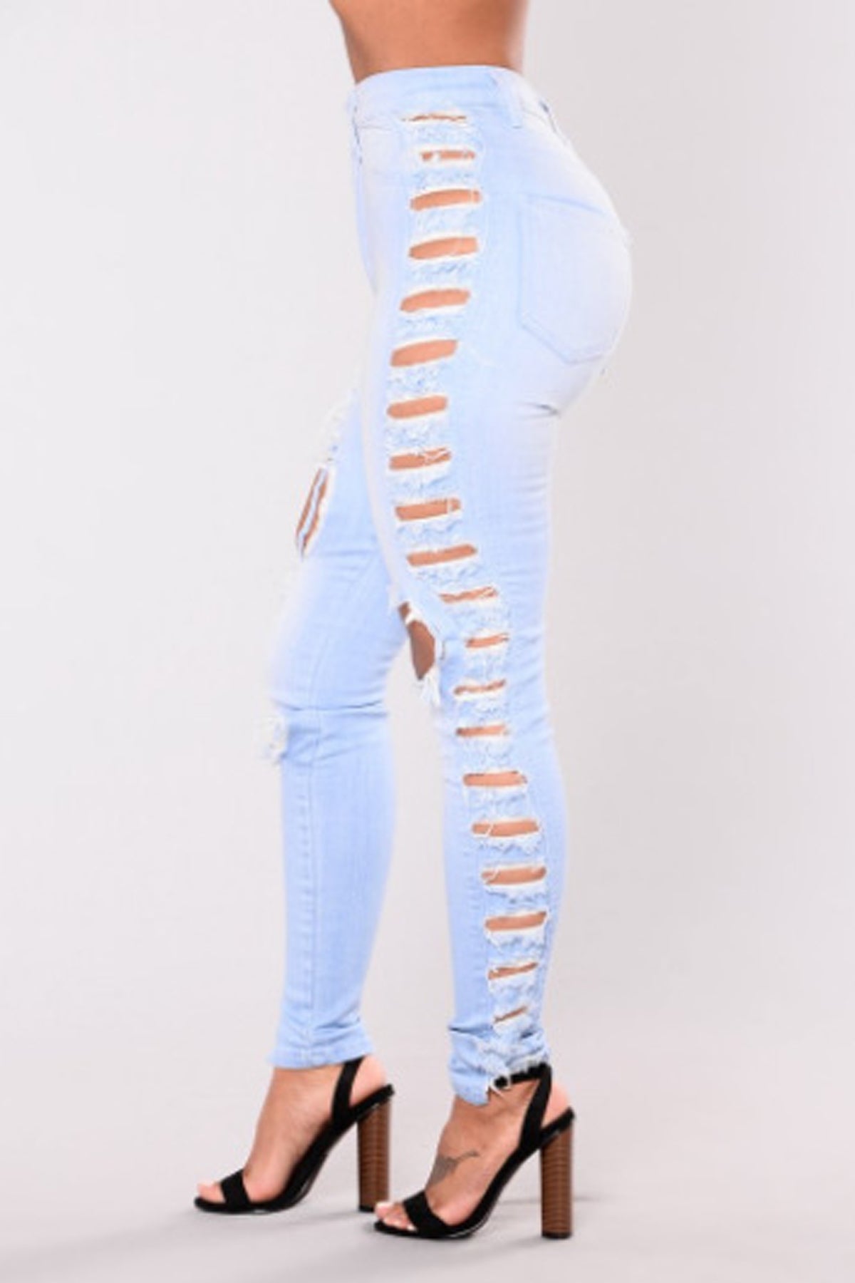 Solid Color High Waist Cut Out Holes Long Skinny Jeans