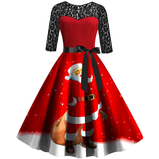 Cute Christmas Retro Lace Splice Santa Print Dress