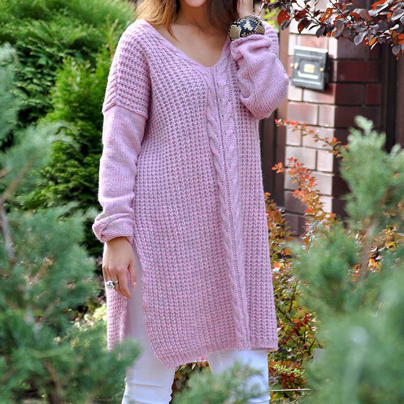 V Neck Slit Cable Knitted Oversized Sweaters
