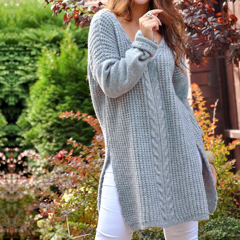 V Neck Slit Cable Knitted Oversized Sweaters