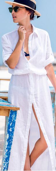 White Chiffon Buttons Shirt Long Cover Up Dress