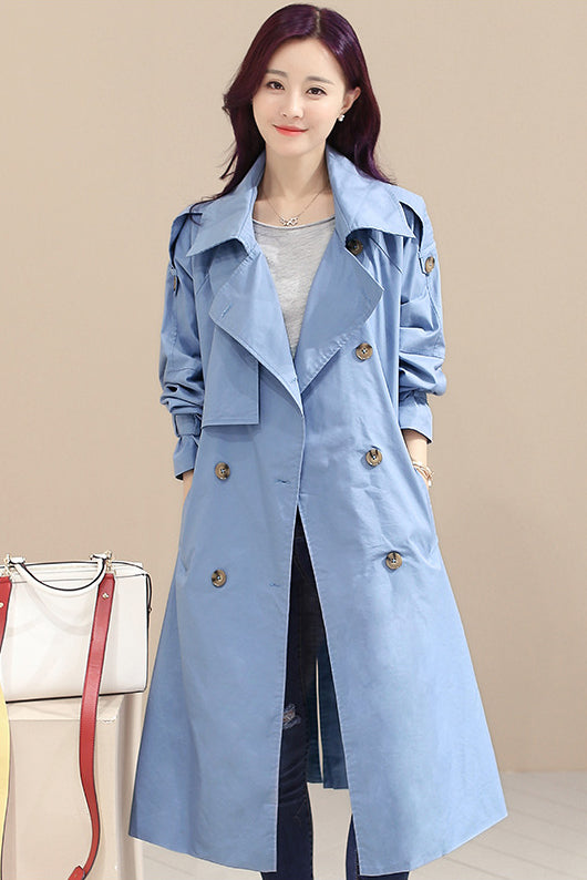 Double Breasted Lapel Collar Pockets Long Coat