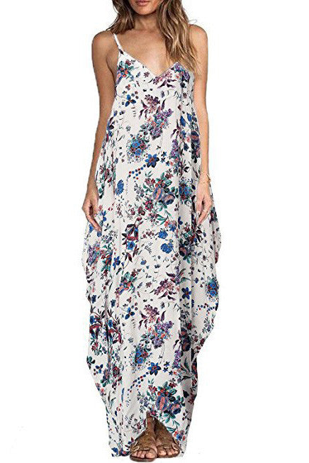 Fashion Floral Print Sleeveless Spaghetti Straps Loose Long Dress