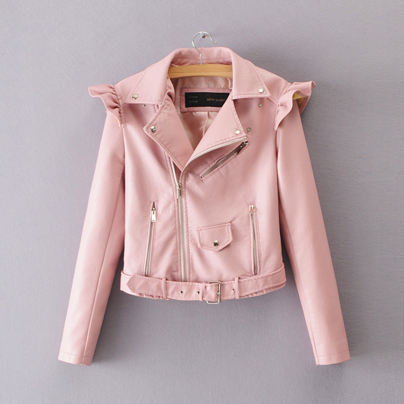 Lapel Oblique Zipper Women Motorcycle Short PU Jacket