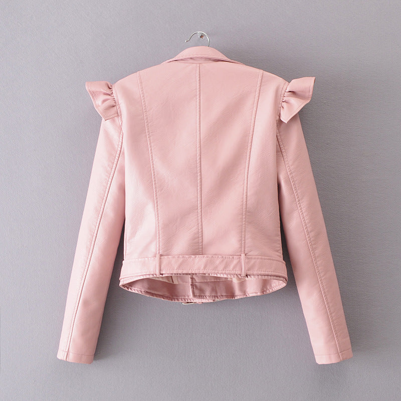 Lapel Oblique Zipper Women Motorcycle Short PU Jacket