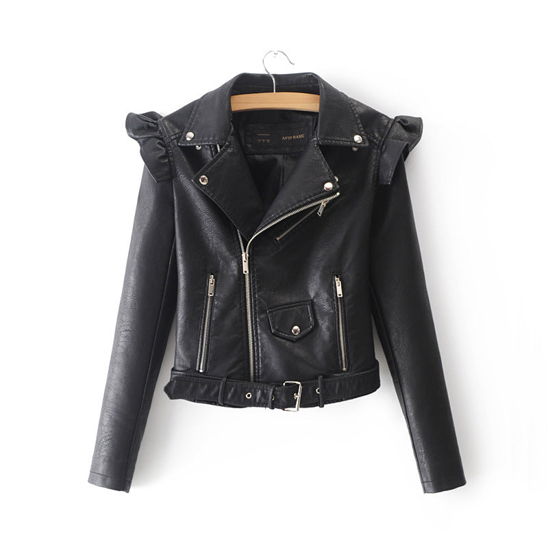 Lapel Oblique Zipper Women Motorcycle Short PU Jacket