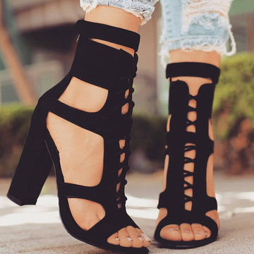 Suede Lace Up Peep Toe Chunky Heel Sandals