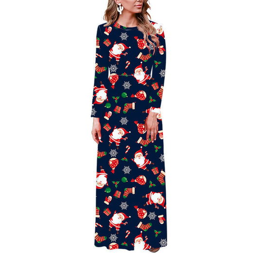 Christmas Long Sleeve Floral Print Maxi Dress