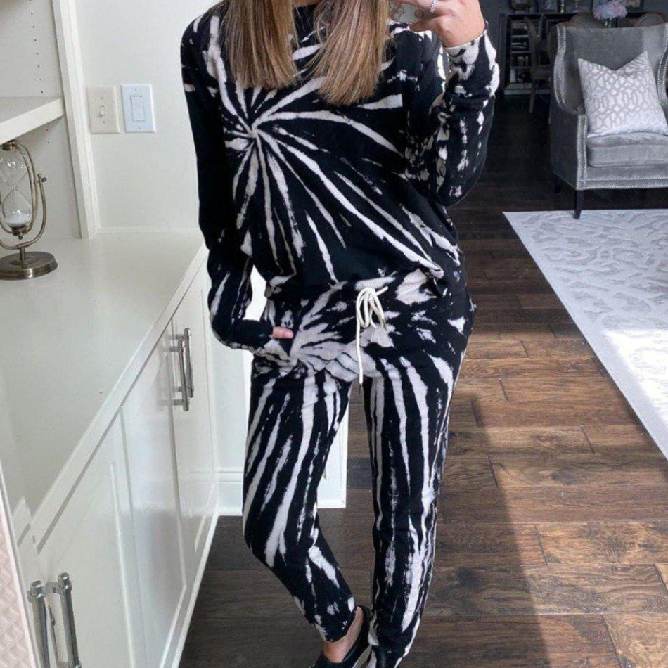 Casual Black Print Loose High Waist Long Sleeve Skinny Two Pieces Set
