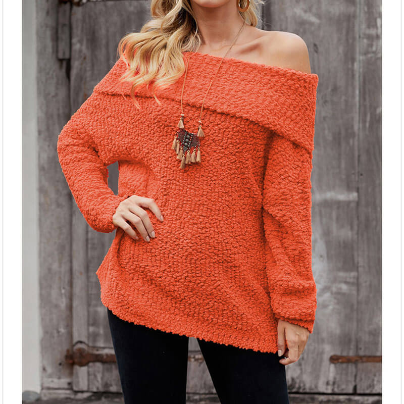 Off-Shoulder Fuzzy Pure Color Sweater