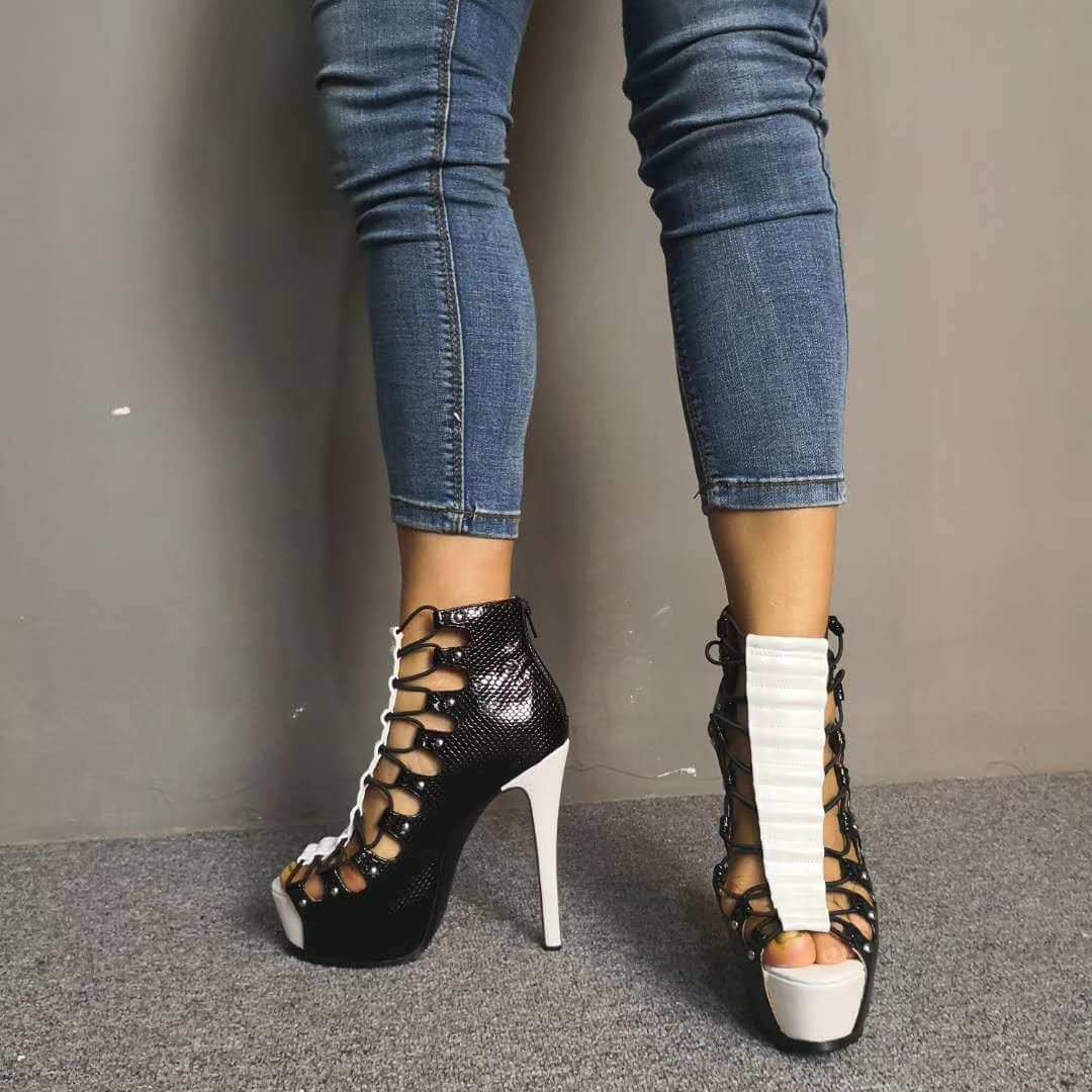 Leather Platform Peep Toe Zipper High Heel Sandals