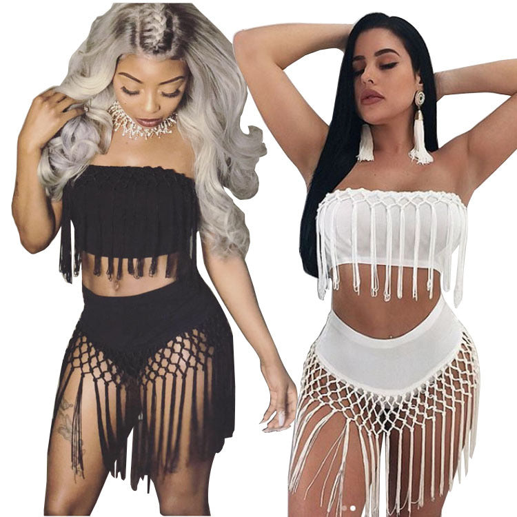 Tassels Strapless Crop Top with High Waist Shorts Women Club Two Pieces Set