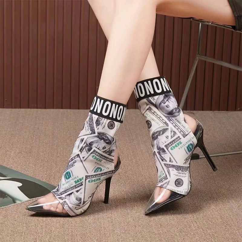 Fashion Dollar Letter Print Clear Toe Calf Boots