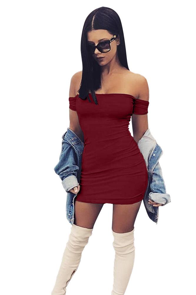 Candy Color Off Shoulder Short Sleeves Short Bodycon Dress