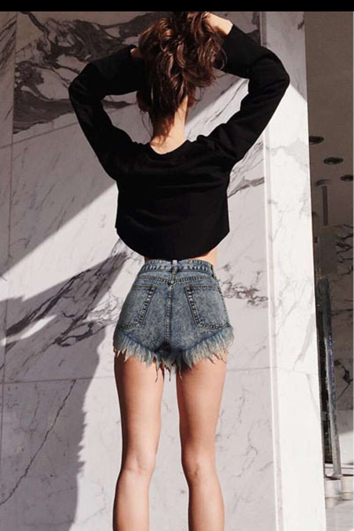 High Waist Hole Denim Tassel Irregular Slim Shorts