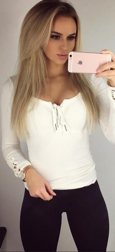 Sexy Lace Up V Neck Lace Cuff Long Sleeve Blouse