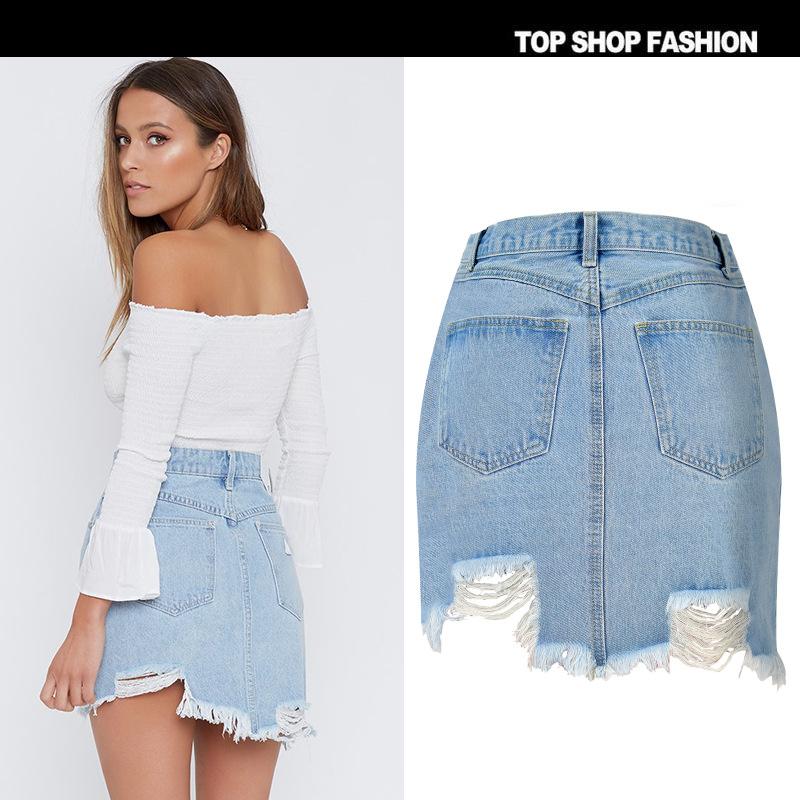 Holes Zipper High Waist Packets Tassels Irregular Slim Short Skirt