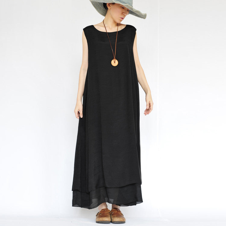Pure Color Loose O-neck Sleeveless Long Dress - May Your Fashion - 3