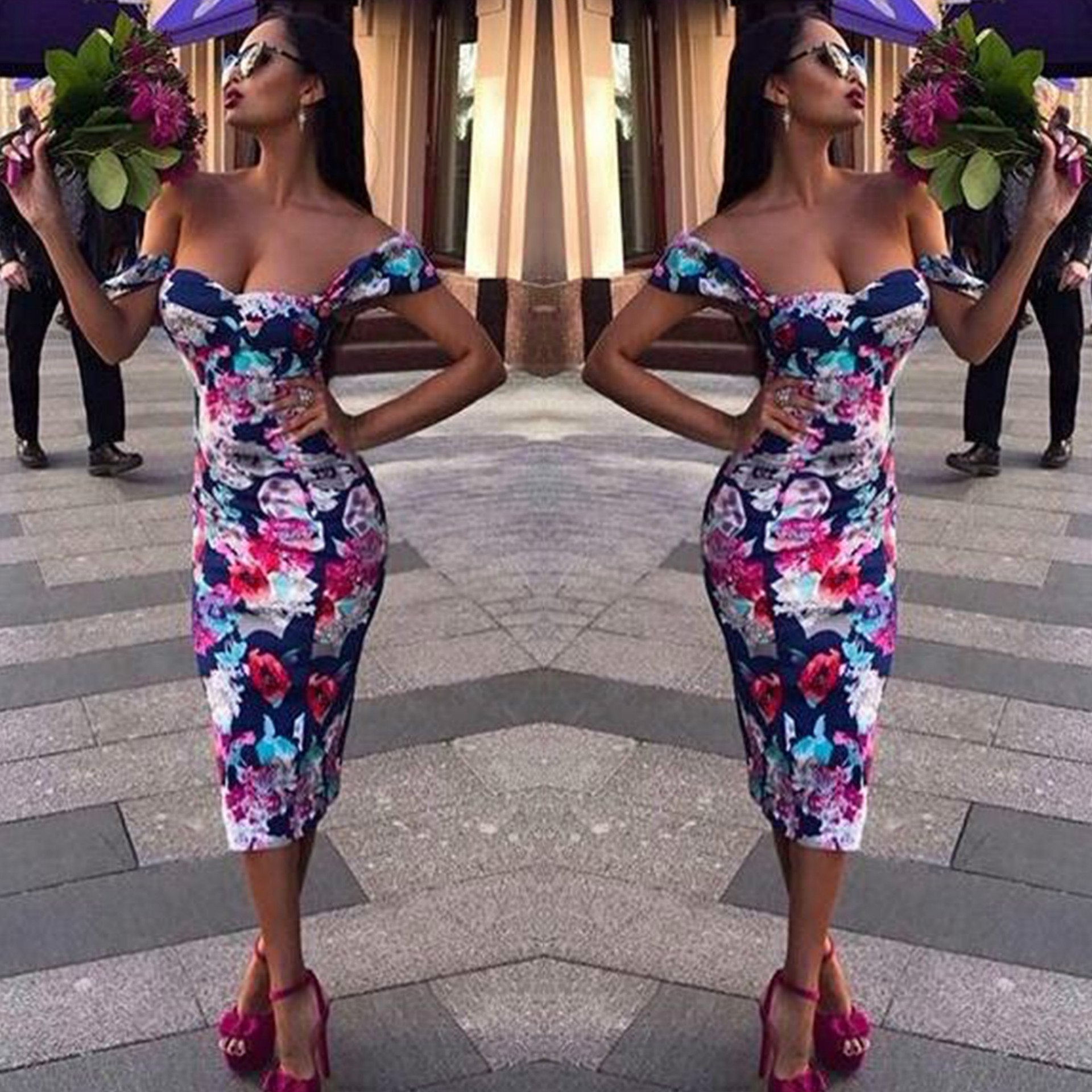 Flower Print Short Sleeves Off Shoulder Knee-length Slim Dress