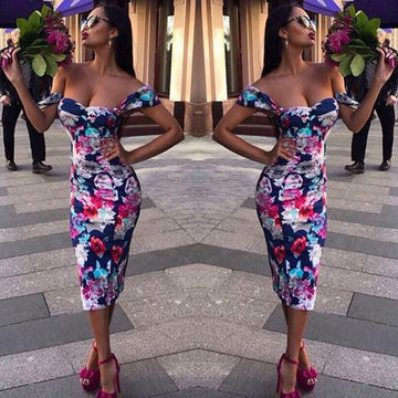 Flower Print Short Sleeves Off Shoulder Knee-length Slim Dress