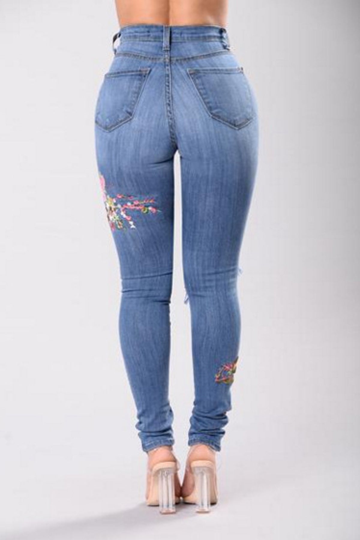 Flower Embroidery Middle Waist Cut Out Holes Long Skinny Jeans