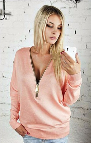 Deep V-neck Zipper Long Sleeves Casual Loose Bat-wing Sleeve Blouse - May Your Fashion - 1