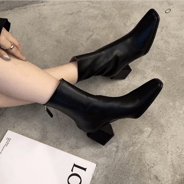 Leather Square Toe Chunky Heel Zipper Calf Boots