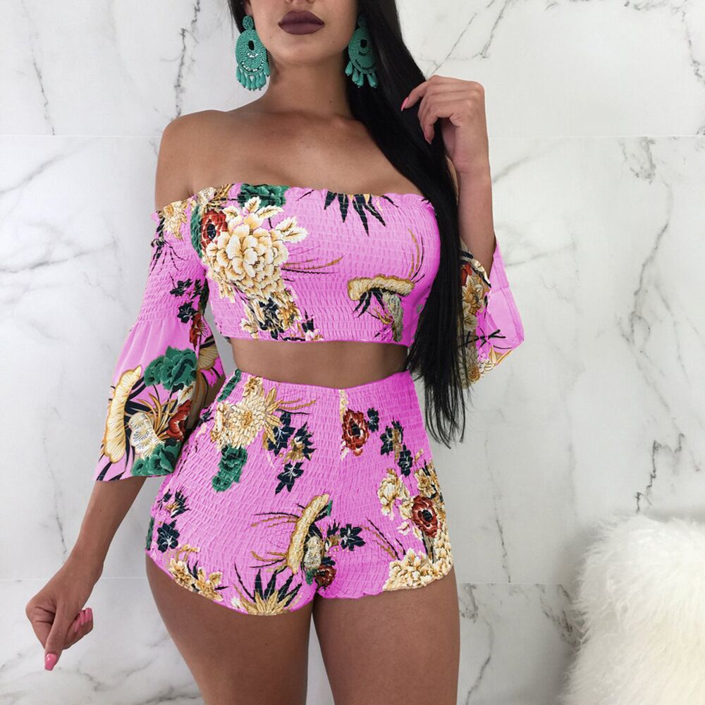 Print Strapless 3/4 Trumpet Sleeves Crop Top with High Waist Shorts Women Two Pieces Set