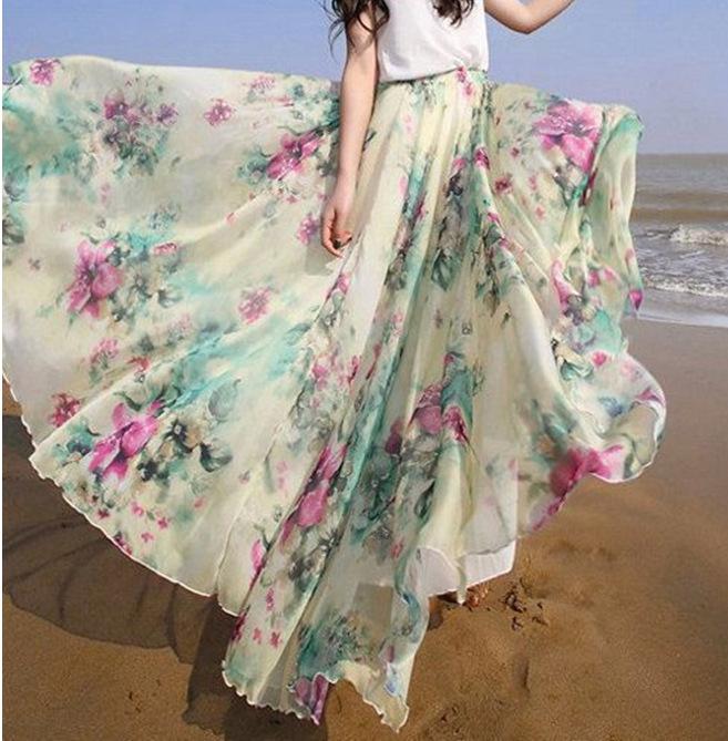 Bohemian Flower Print High Waist Long Maxi Beach Swing Skirt