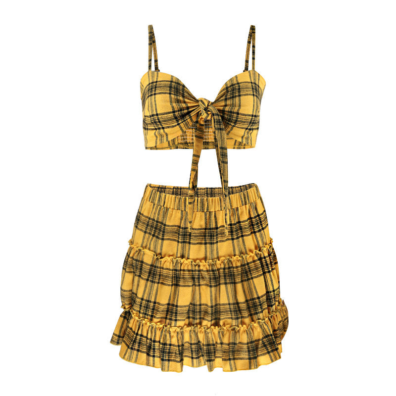 Spaghetti Straps Plaid Crop Top with Pleated High Waist Short Skirt Women Two Pieces Dress Set