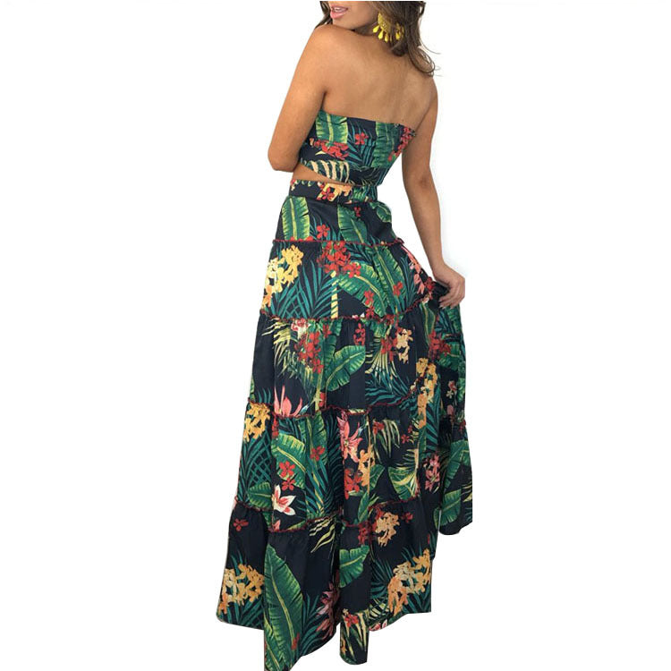 Print Strapless Crop Top with High Waist Long Skirt Women Two Pieces Dress Set