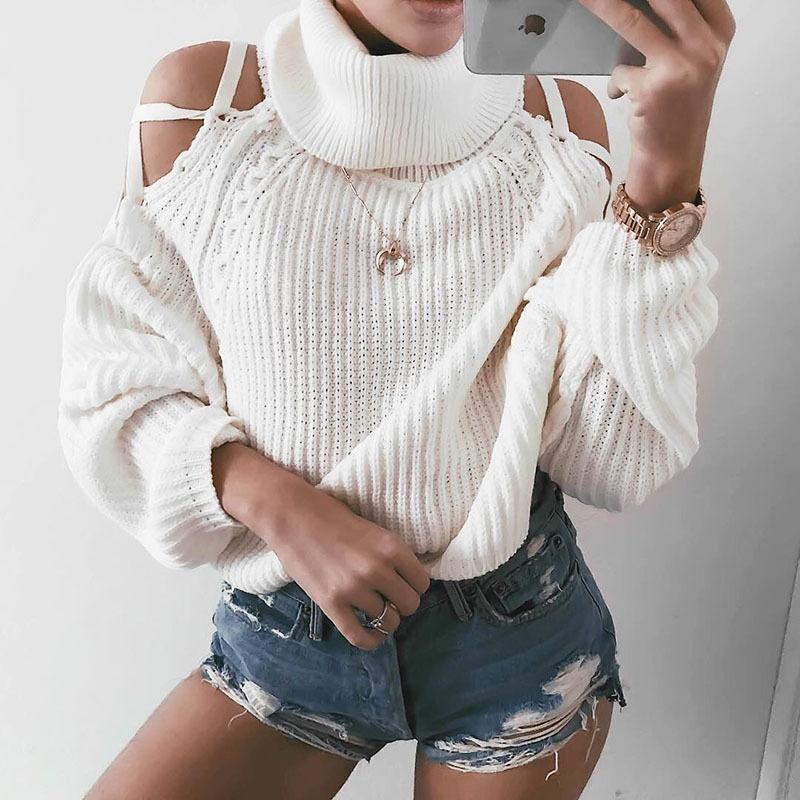 High Neck Bare Shoulder Long Loose Sleeves Women White Cropped Sweater