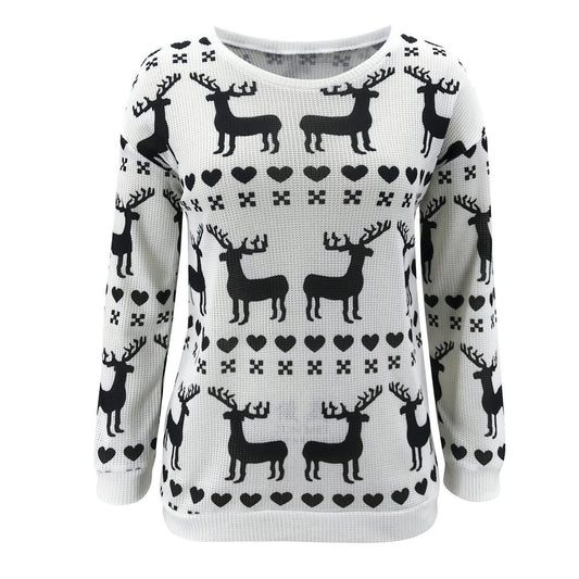 Loose Christmas Fawn Print Crew Neck Sweater