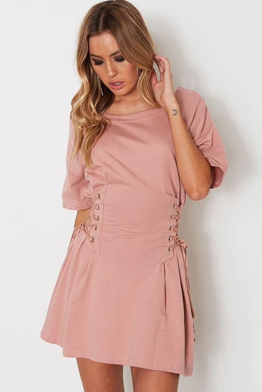 Pure Color Scoop Half Sleeves Side Lace Up Short Dress