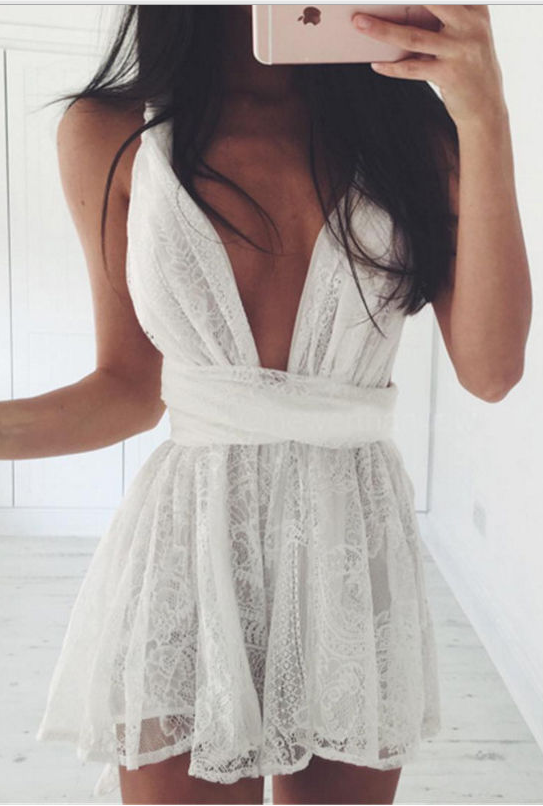 Backless Spaghetti Strap White Lace Back Cross V-neck Short Dress - Meet Yours Fashion - 2