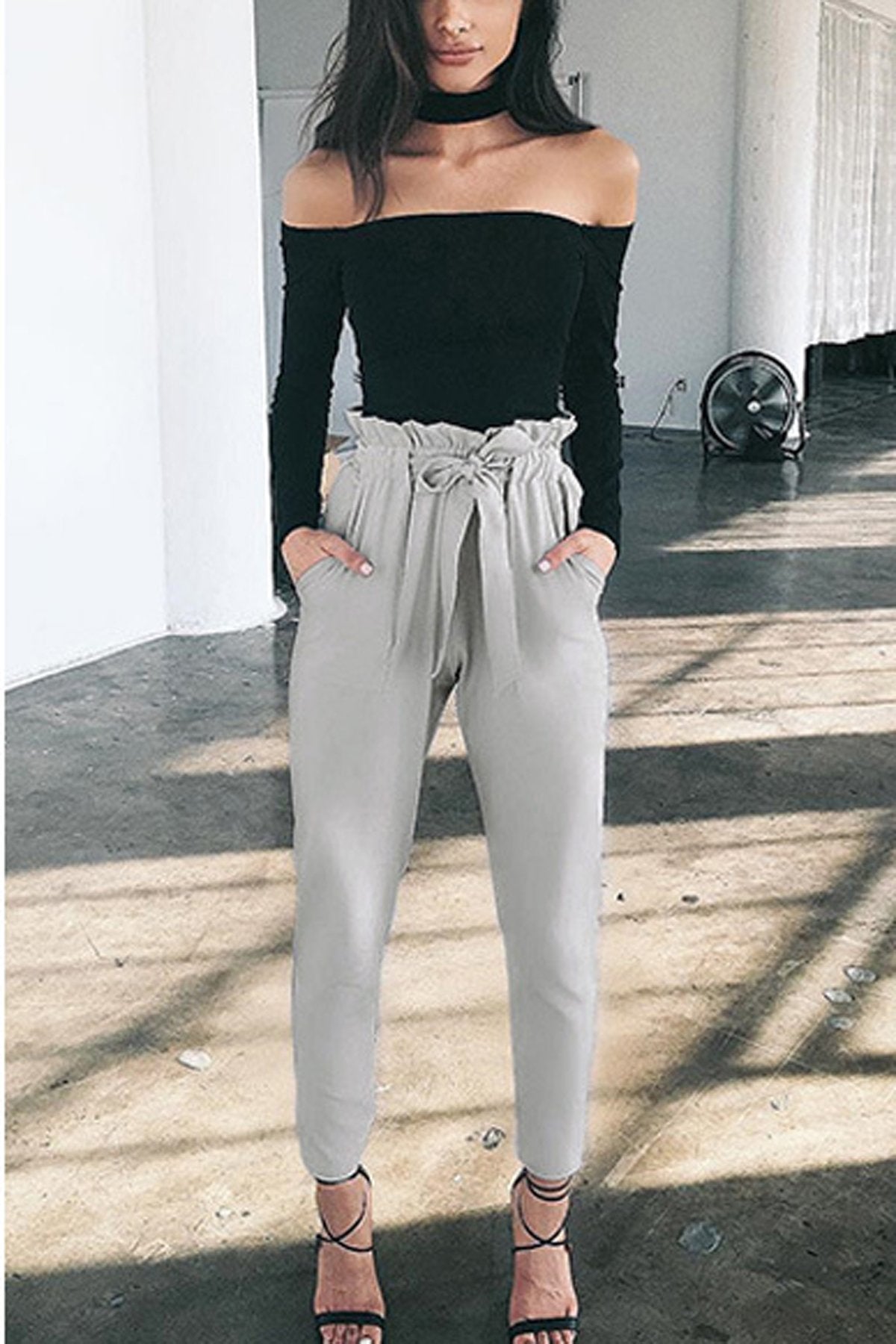 Solid Color Straps Belt 9/10 Skinny Casual Pants