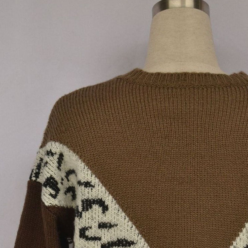 Crewneck Colorblock Leopard Knitted Sweater