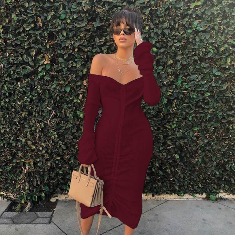 Long Sleeves Off Shoulder Ribbed Knit Bodycon Dress