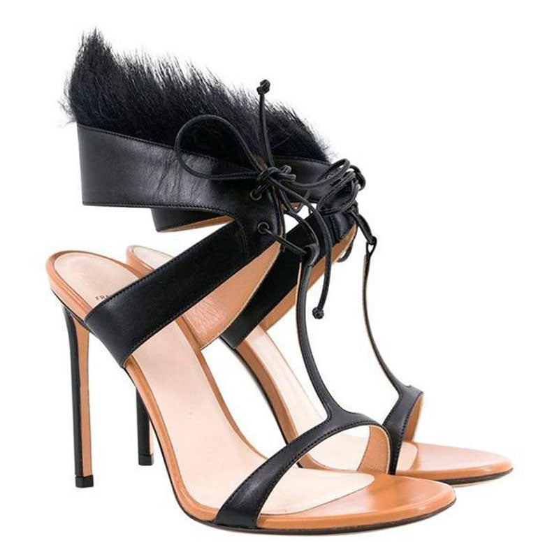 Black Fur Leather Strap High Heel Sandals