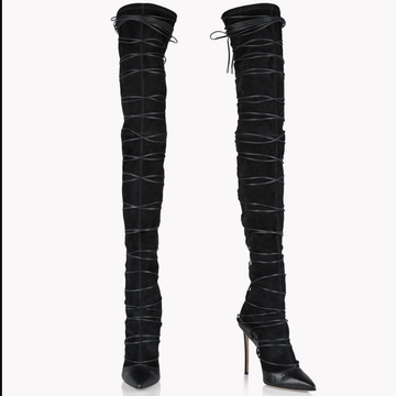 Black Lace Up Suede Pointed Toe Thigh High Boots