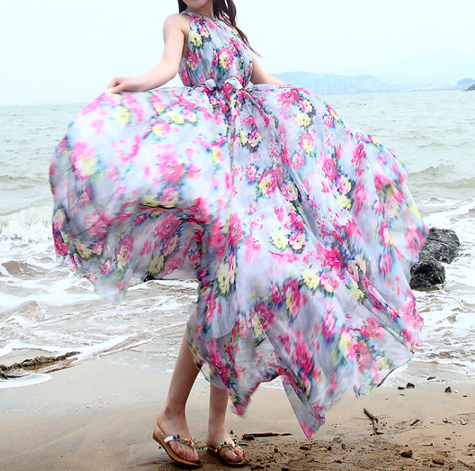 High-waist High-neck Print Ball Gown Long Beach Dress - May Your Fashion - 6