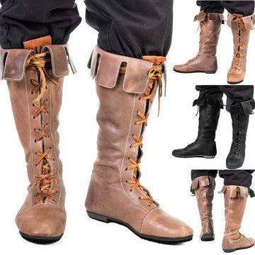 Leather Lace Up Low Heel Knee High Boots