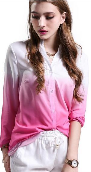 Deep V-neck Long Sleeves Gradually Changing Color Blouse - Meet Yours Fashion - 2